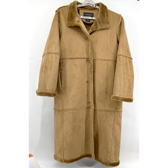 Centigrade Womens Petite Medium Camel Brown Faux Suede Fur Trim Long Trench Coat - Picture 6 of 10